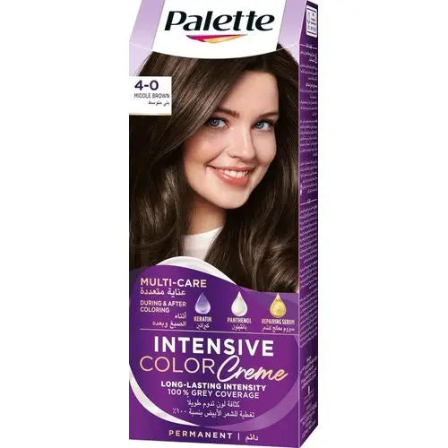 صبغة شعر بني متوسط
باليت صبغة خالية من الأمونيا
تغطية كاملة للشيب
medium brown hair color
intense color creme
ammonia-free hair dye