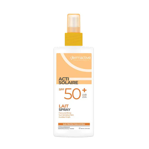 سبراي ديرماكتيف للحماية من الشمس
ACTI-SOLAIRE سبراي واقي من الشمس SPF 50+
واقي شمس ديرماكتيف للبشرة الحساسة
Dermactive ACTI-SOLAIRE SPF 50+ spray
High protection sunscreen spray
Dermactive sun protection spray