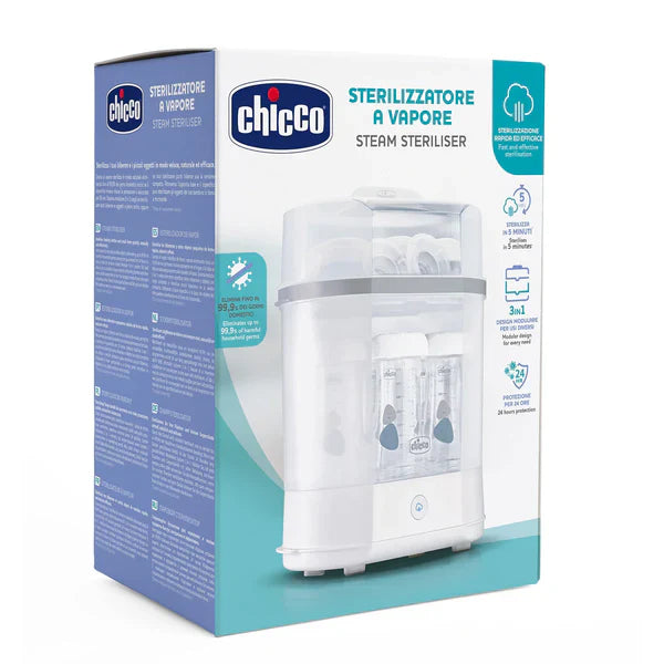 معقم بالبخار شيكو 3 في 1
تعقيم سريع وآمن للرضاعات
مثالي لحماية طفلك من الجراثيم
Chicco Steam Sterilizer 3-in-1
Fast & Safe Bottle Sterilization
Ideal Protection for Your Baby